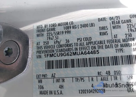 2021 Ford Escape Se from USA, damaged, VIN 1FMCU9G62MUA64485